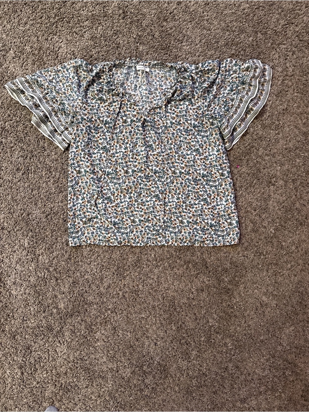 Max Studio Floral Flutter-Sleeve Top in Blue, Cream and Brown